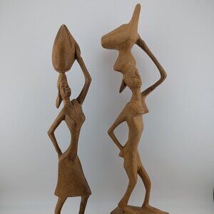 🎍 Vintage Hand-Carved African Wooden Sculptures – Pair of Women with Headloads